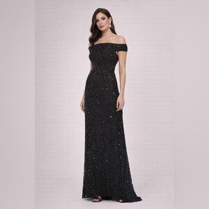 Adrianna Papell Black Beaded Off Shoulder Evening Gown Size 10 NWT
